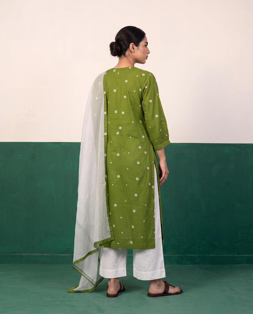 Green Printed Kurta, White Pants & Kota Doria Dupatta Set