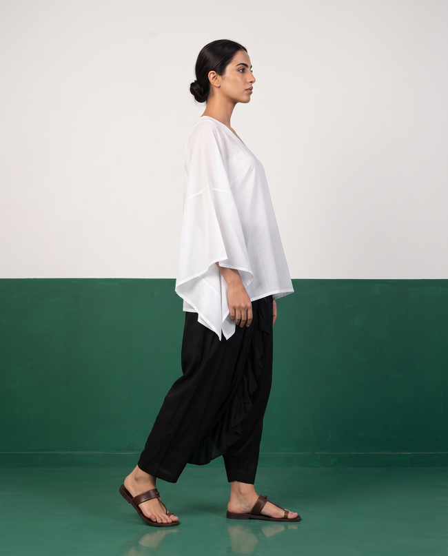 White Sheer Cotton Kaftan Top & Black Draped Skirt Set