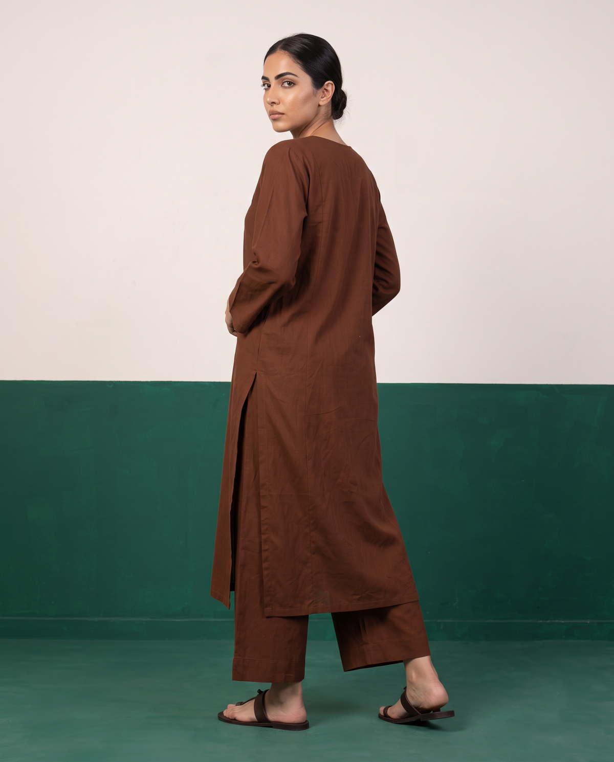Chestnut Brown Notch-Neck Kurta & Wide-Leg Pants Co-ord Set