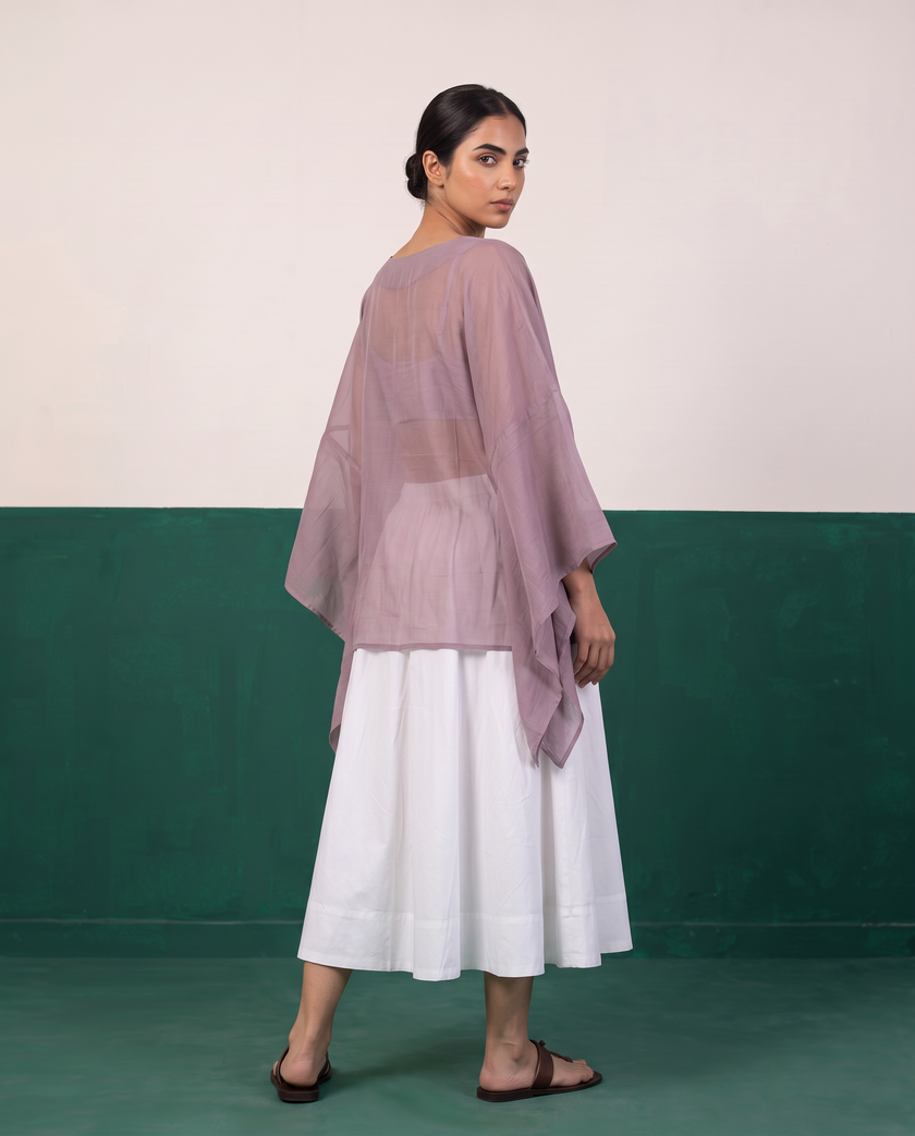 Sheer Mauve Kaftan Top & White Flared Midi Skirt Set