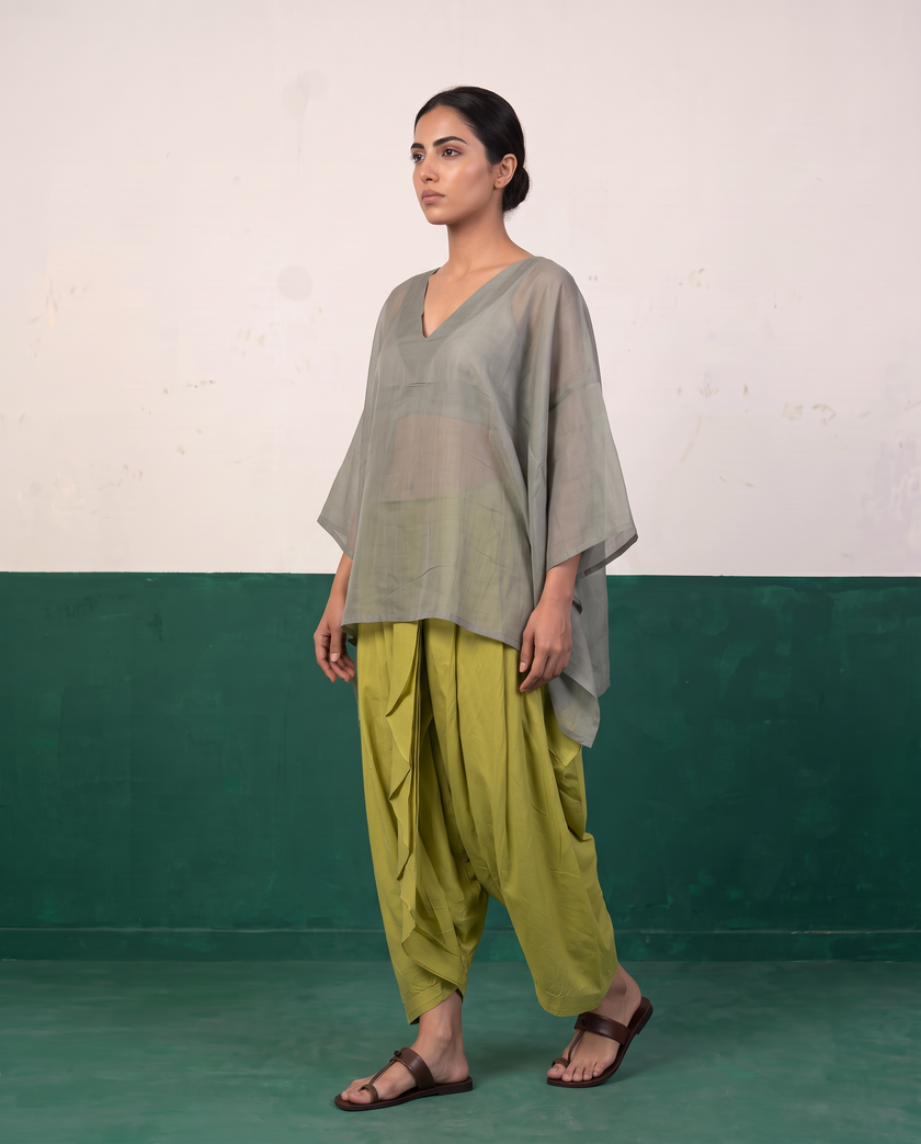 Sage Sheer Cotton Kaftan Top & Citron Dhoti Pants Set