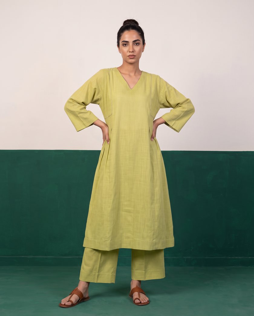 Lime Green Cotton Kurta & Wide-Leg Pants Set