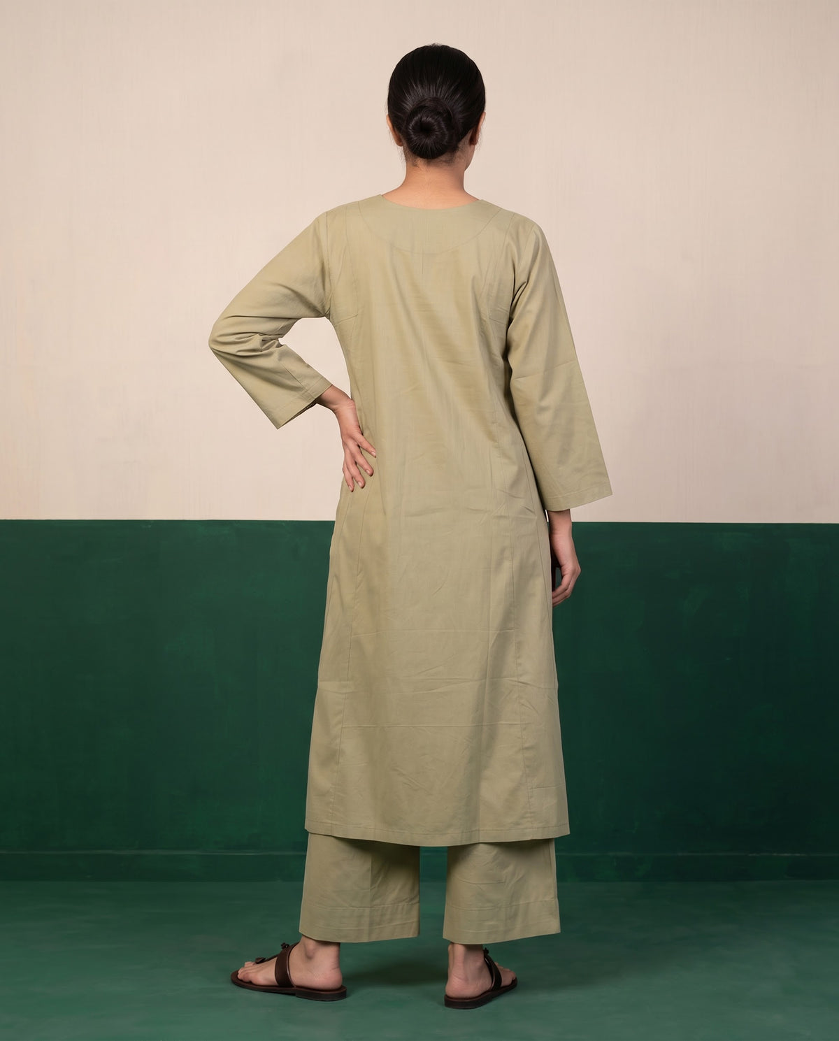 Sage Green Notch-Neck Kurta & Wide-Leg Pants Co-ord Set