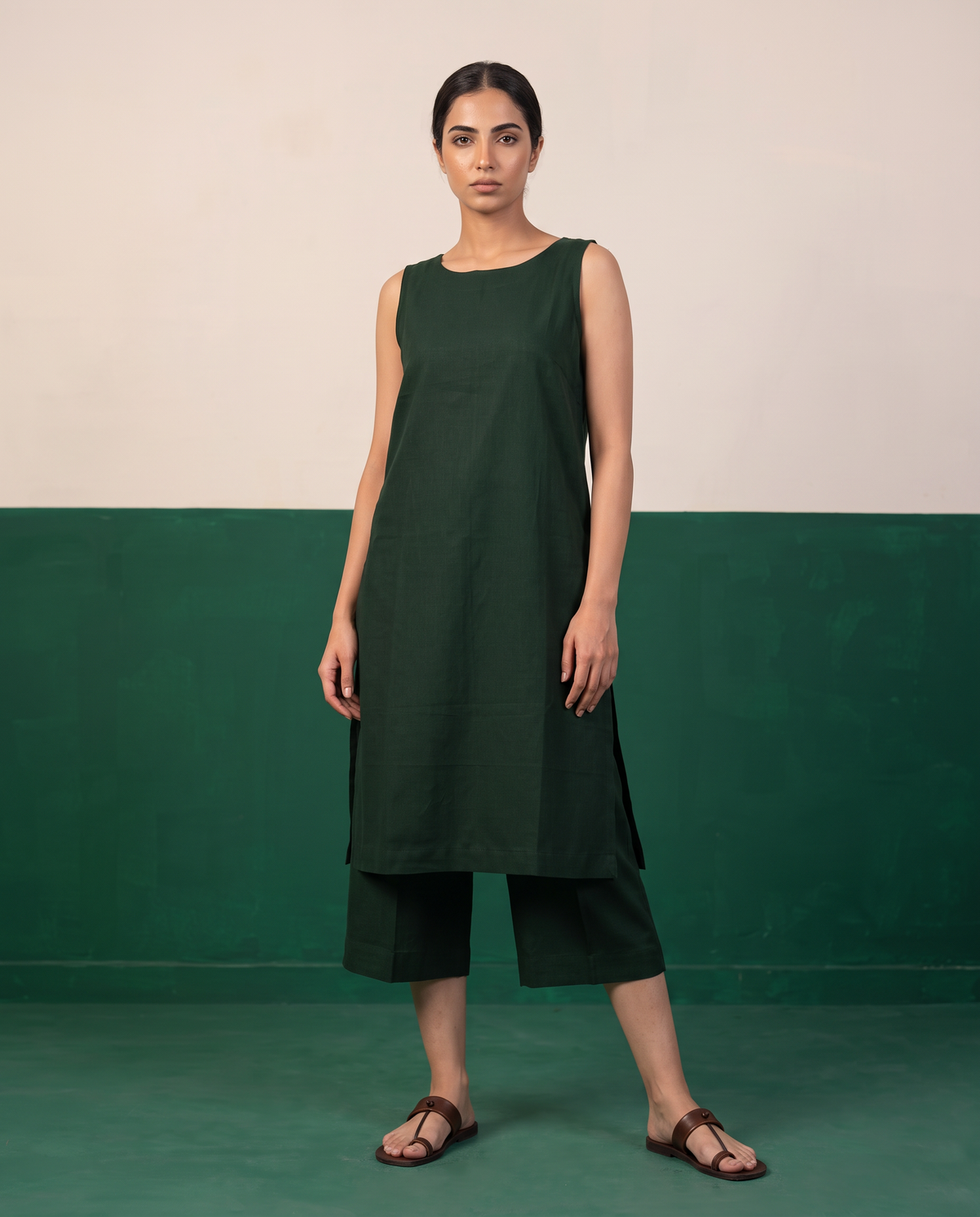 Forest Green Cotton Sleeveless Kurta & Culotte Set