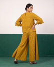 Mustard Floral Buti Scallop-Hem Top & Wide-Leg Pants Co-ord Set