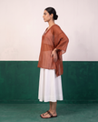 Sheer Rust Kaftan Top & White Flared Midi Skirt Set