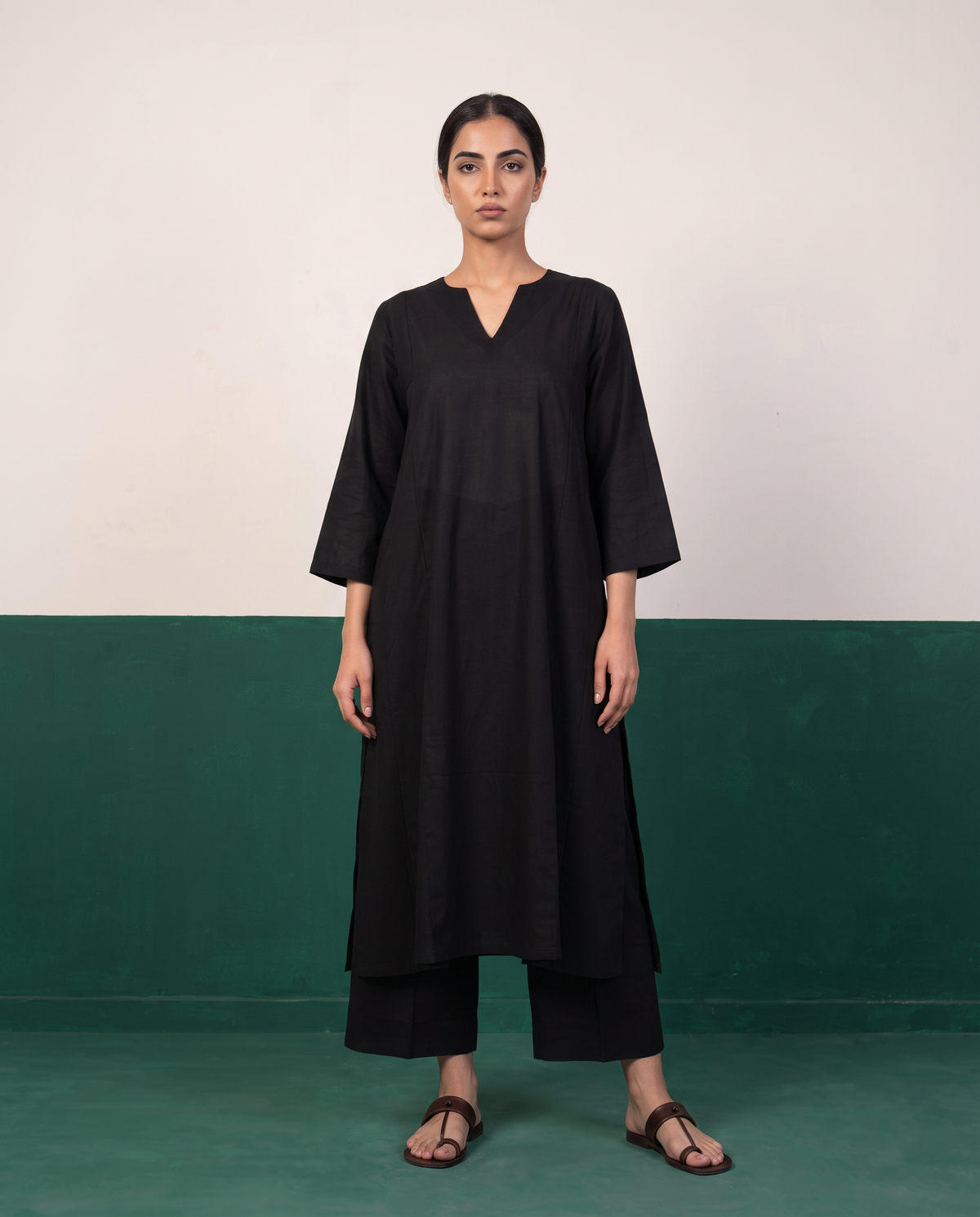 Black Notch-Neck A-Line Kurta & Wide-Leg Pants Co-ord Set