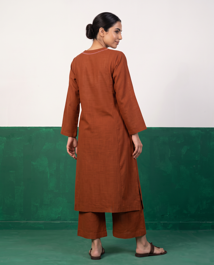 Rust Cotton Kurta & Wide-Leg Pants Set