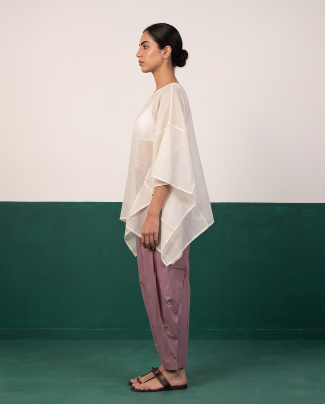 Ivory Sheer Cotton Kaftan Top & Mauve Dhoti Pants Set