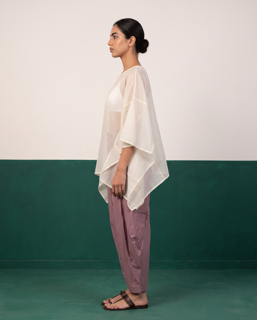 Ivory Sheer Cotton Kaftan Top & Mauve Dhoti Pants Set