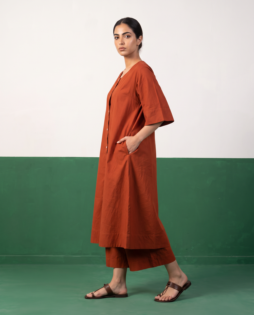 Rust Button-Down A-Line Kurta & Wide-Leg Culotte Co-ord Set