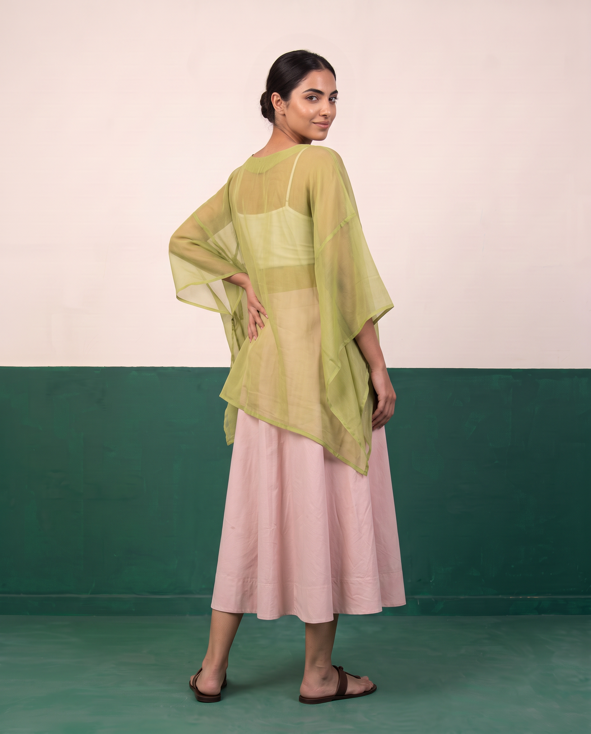 Sheer Pistachio Kaftan Top & Rose Pink Flared Midi Skirt Set