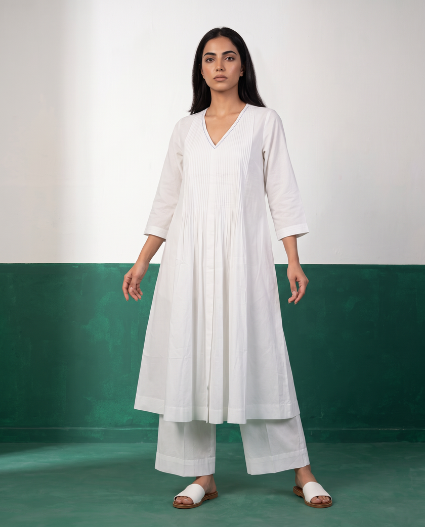 White Pleated Pure Cotton Kurta Set