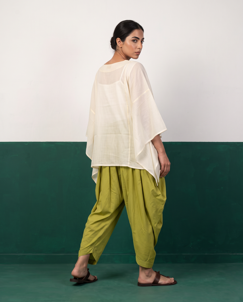 Ivory Sheer Cotton Kaftan Top & Citron Dhoti Pants Set