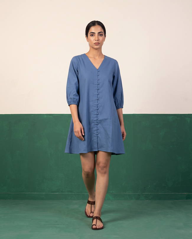 Cornflower Blue Button-Down Cotton Dress