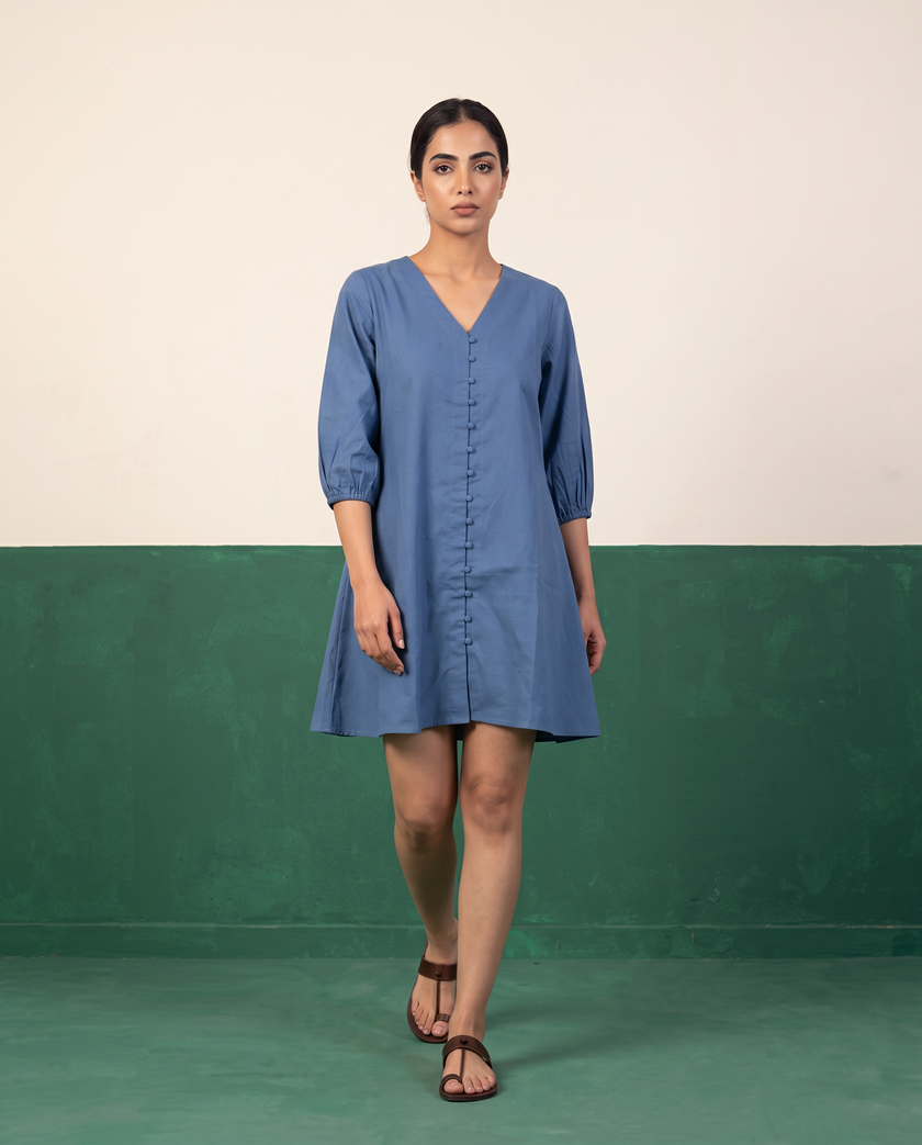 Cornflower Blue Button-Down Cotton Dress