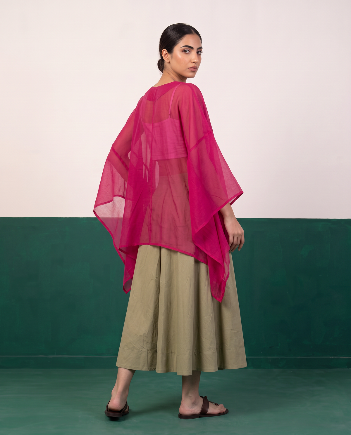Sheer Magenta Kaftan Top & Khaki Flared Midi Skirt Set