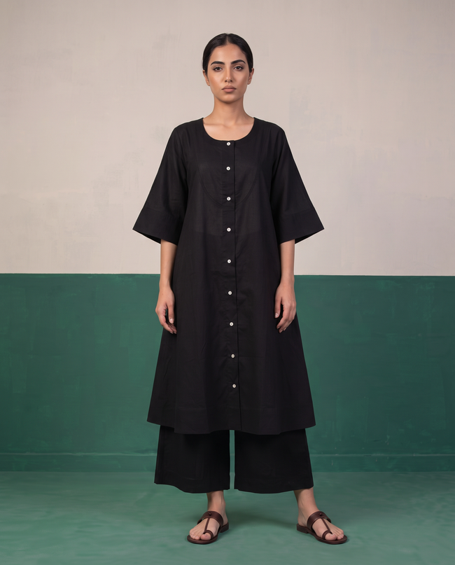 Black Button-Down A-Line Kurta & Wide-Leg Pants Co-ord Set