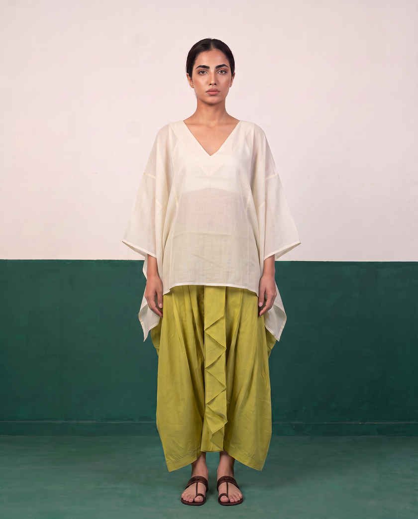 Ivory Sheer Cotton Kaftan Top & Citron Dhoti Pants Set
