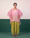 Pink Sheer Cotton Kaftan Top & Citron Dhoti Pants Set