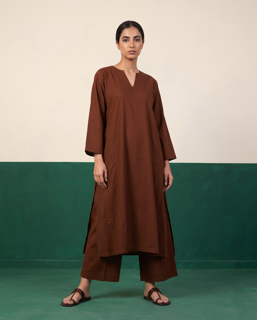 Chestnut Brown Notch-Neck Kurta & Wide-Leg Pants Co-ord Set