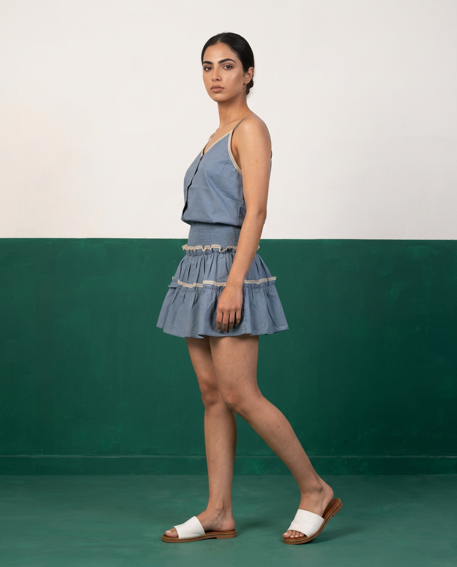 Dusty Blue Cotton Camisole & Tiered Mini Skirt Set