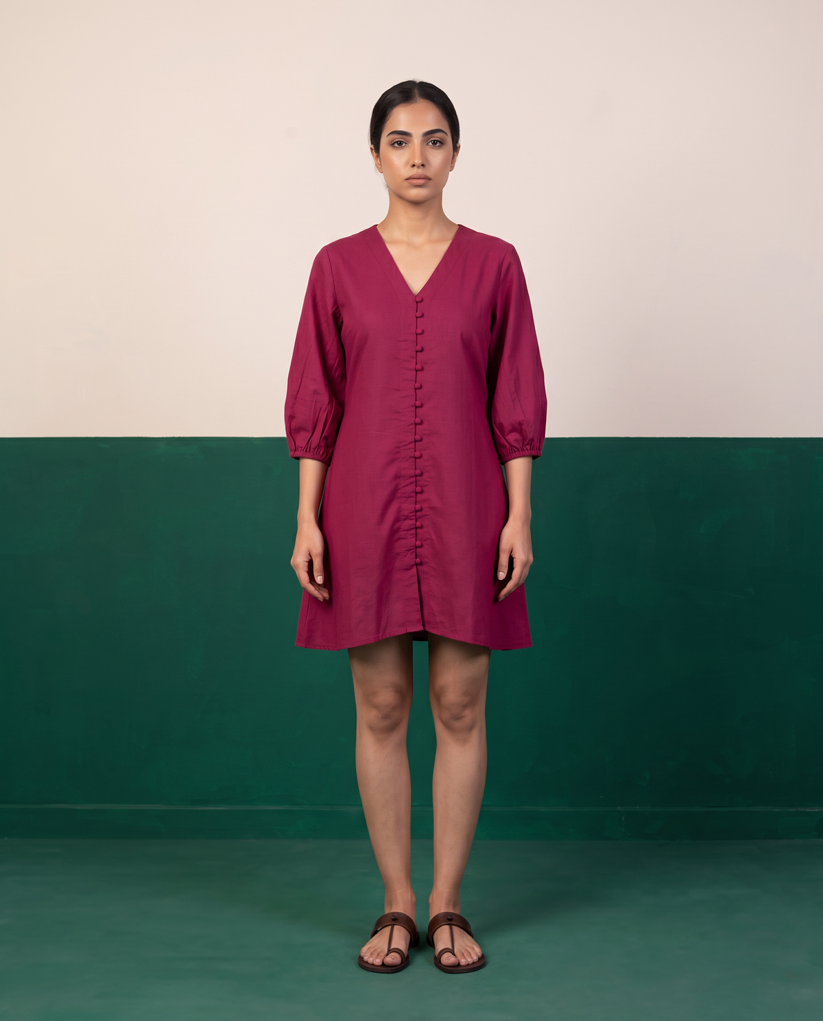 Maroon Button-Down Cotton Dress