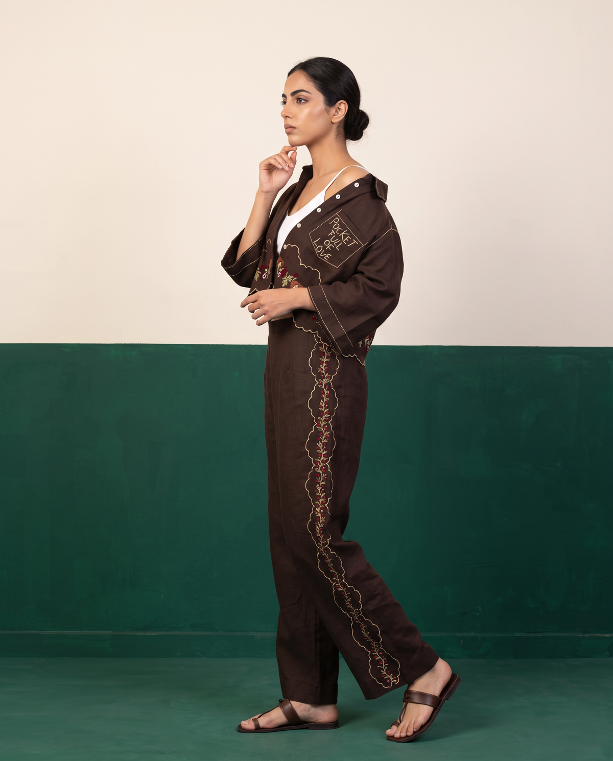 Brown Hand-Embroidered Cropped Jacket & Pants Set