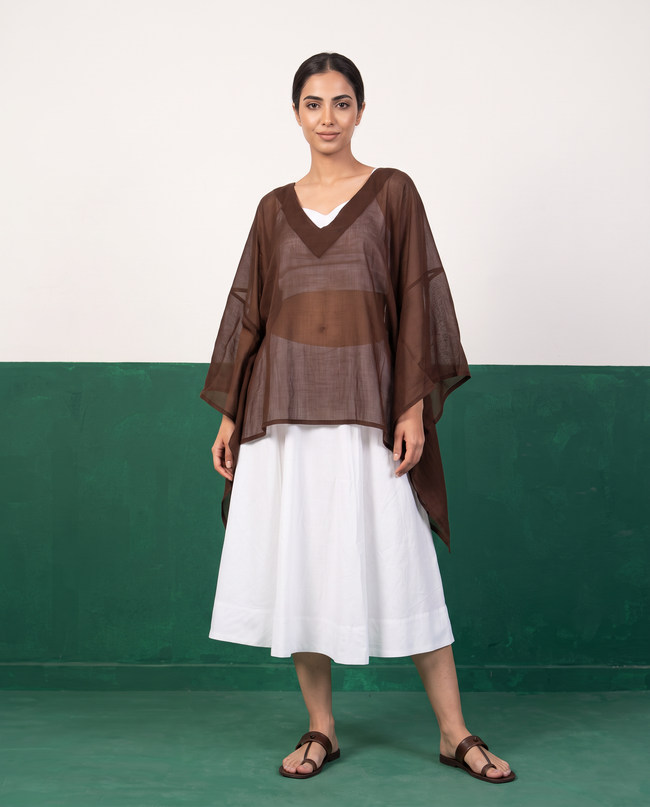 Chocolate Brown Sheer Kaftan Top & White Flared Skirt Set
