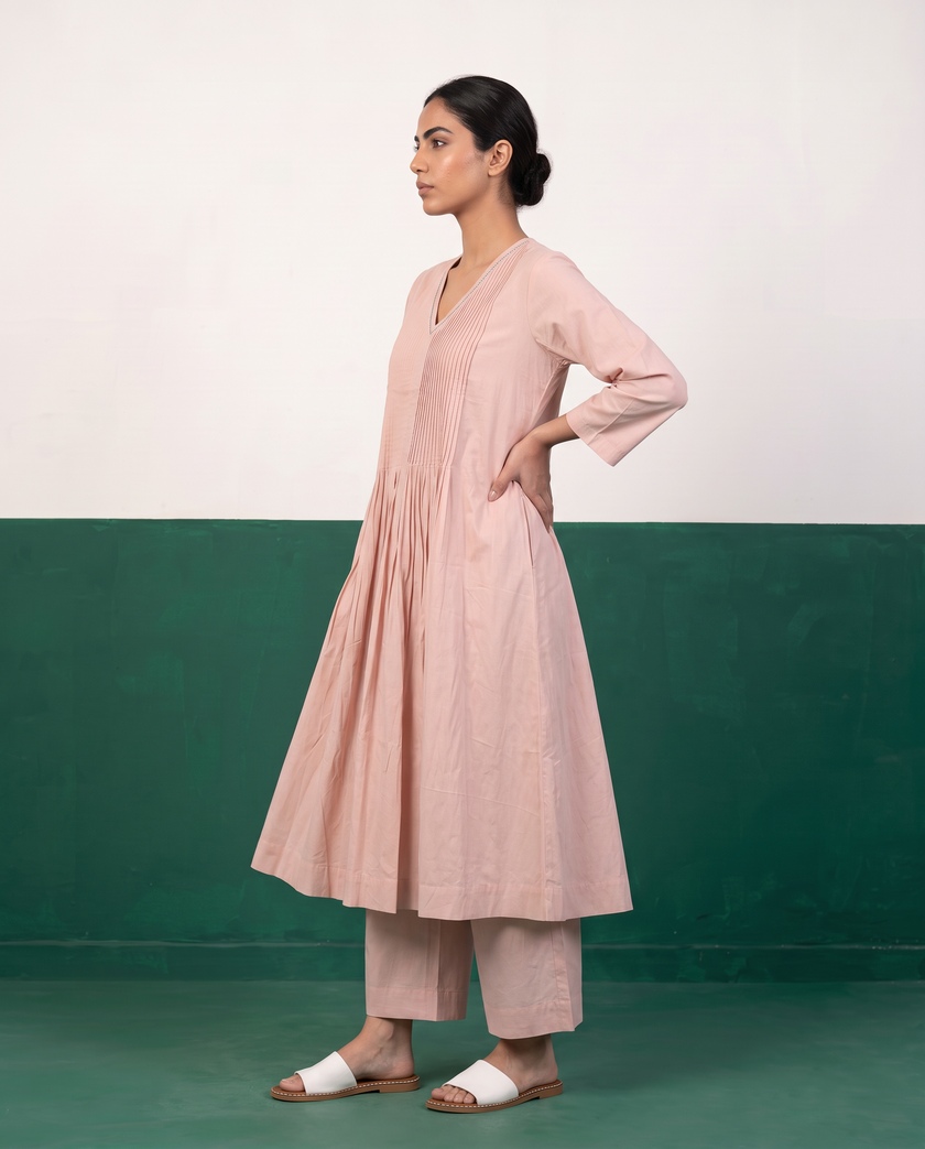 Blush Pink Pleated Pure Cotton Kurta Set