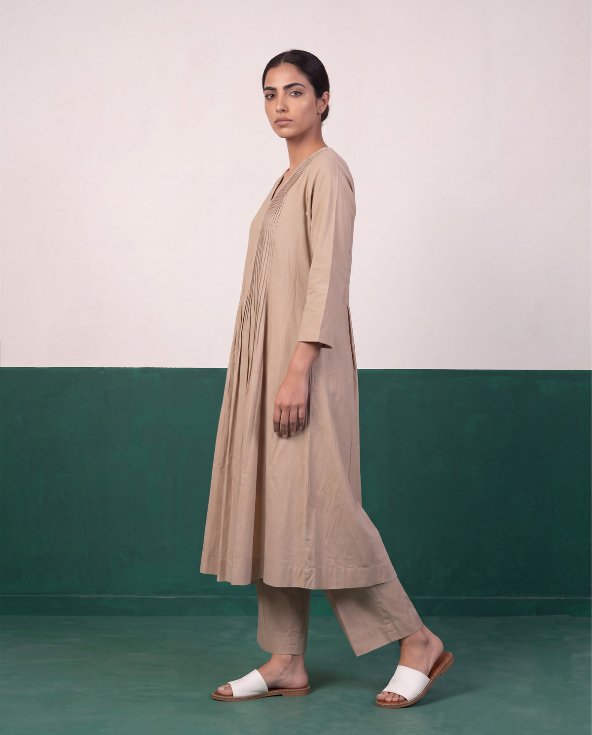 Sand Beige Pleated Pure Cotton Kurta Set