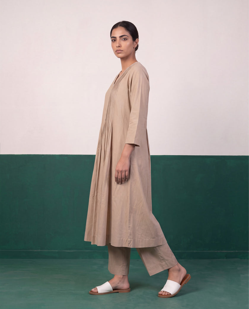 Sand Beige Pleated Pure Cotton Kurta Set