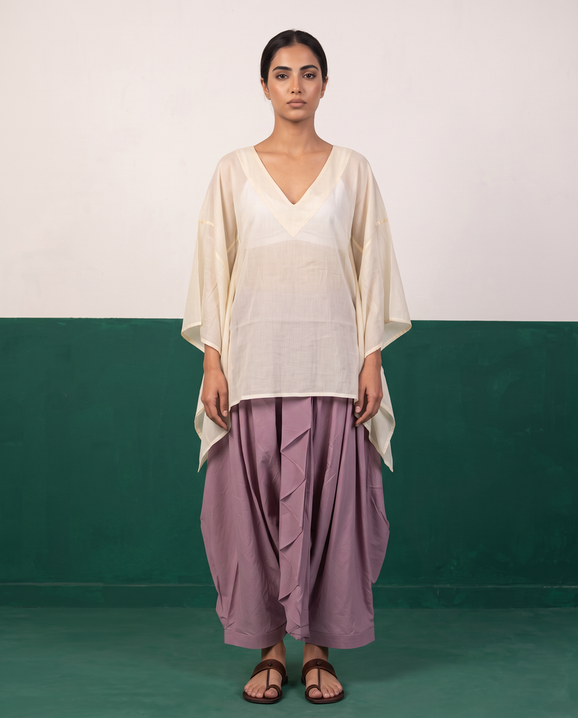Ivory Sheer Cotton Kaftan Top & Mauve Dhoti Pants Set
