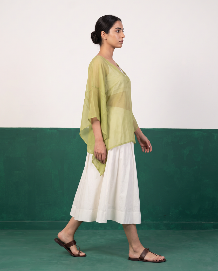 Sheer Pistachio Kaftan Top & Ivory Flared Midi Skirt Set