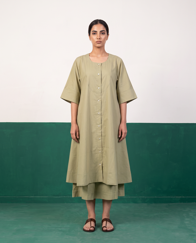 Sage Green Button-Down A-Line Kurta & Wide-Leg Culotte Co-ord Set