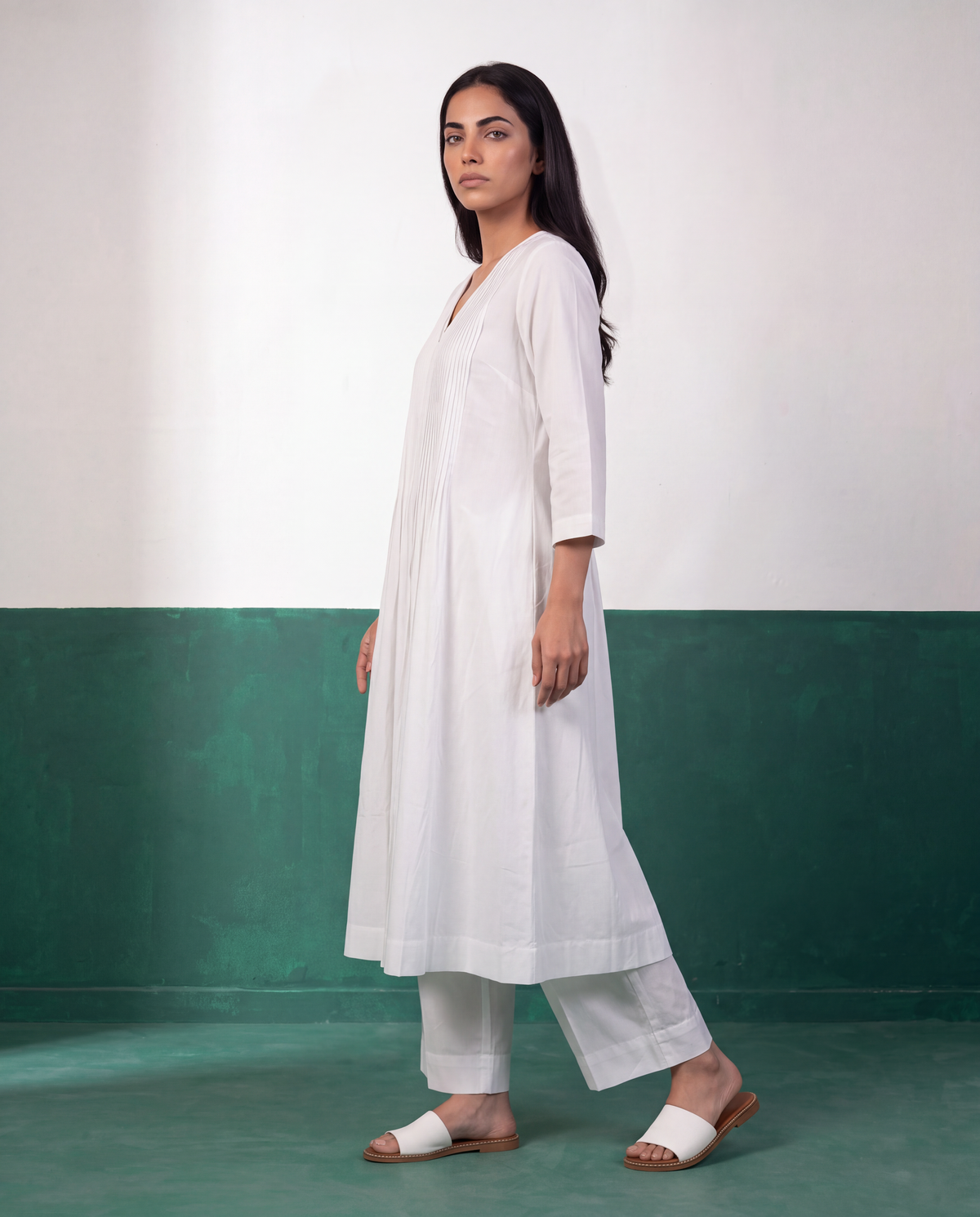 White Pleated Pure Cotton Kurta Set