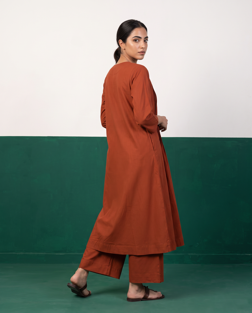 Rust Pleated Kurta & Pants Set