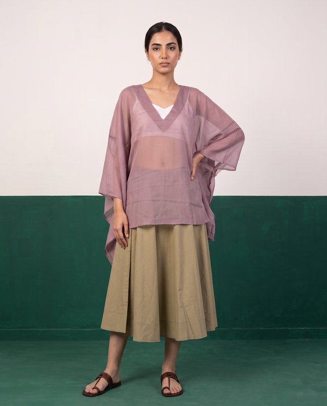 Sheer Mauve Kaftan Top & Khaki Flared Midi Skirt Set