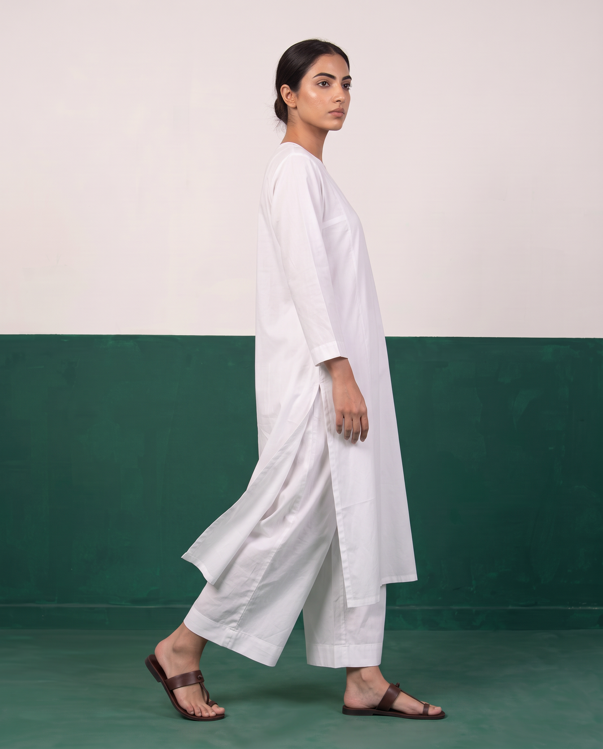 White Notch-Neck A-Line Kurta & Wide-Leg Pants Co-ord Set