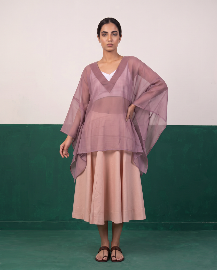 Sheer Mauve Kaftan Top & Blush Flared Midi Skirt Set
