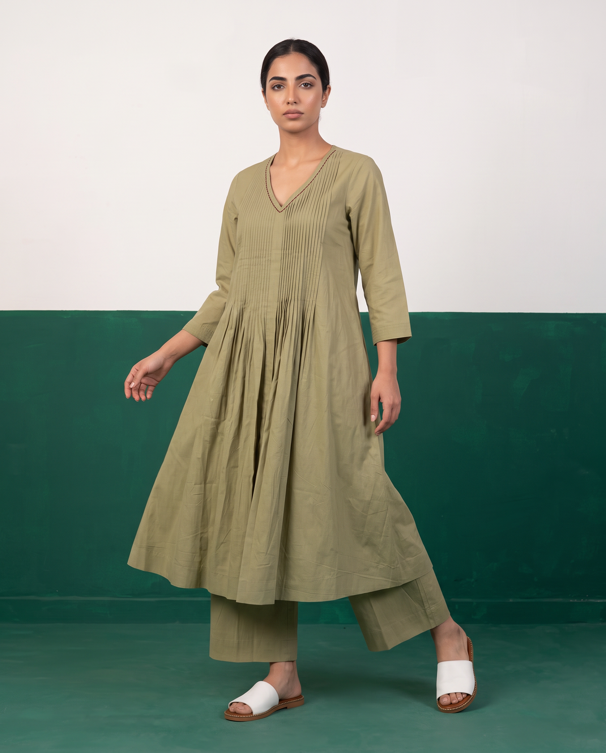 Sage Green Pleated Pure Cotton Kurta Set