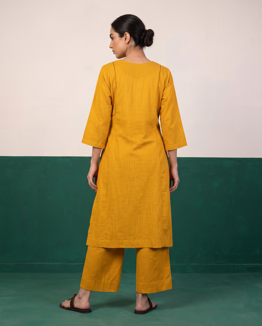 Mustard Yellow Cotton Kurta & Wide-Leg Pants Set