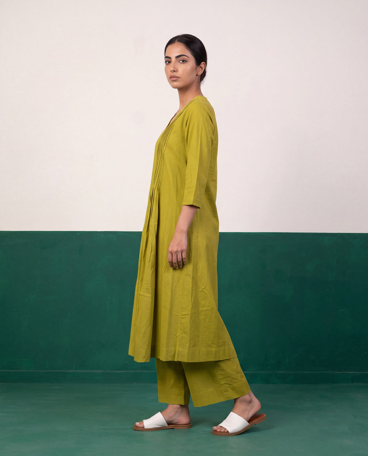 Olive Green Pleated Pure Cotton Kurta Set