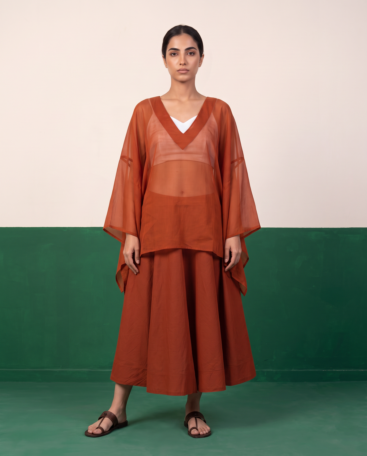 Sheer Kaftan Top & Flared Midi Skirt Set in Rust