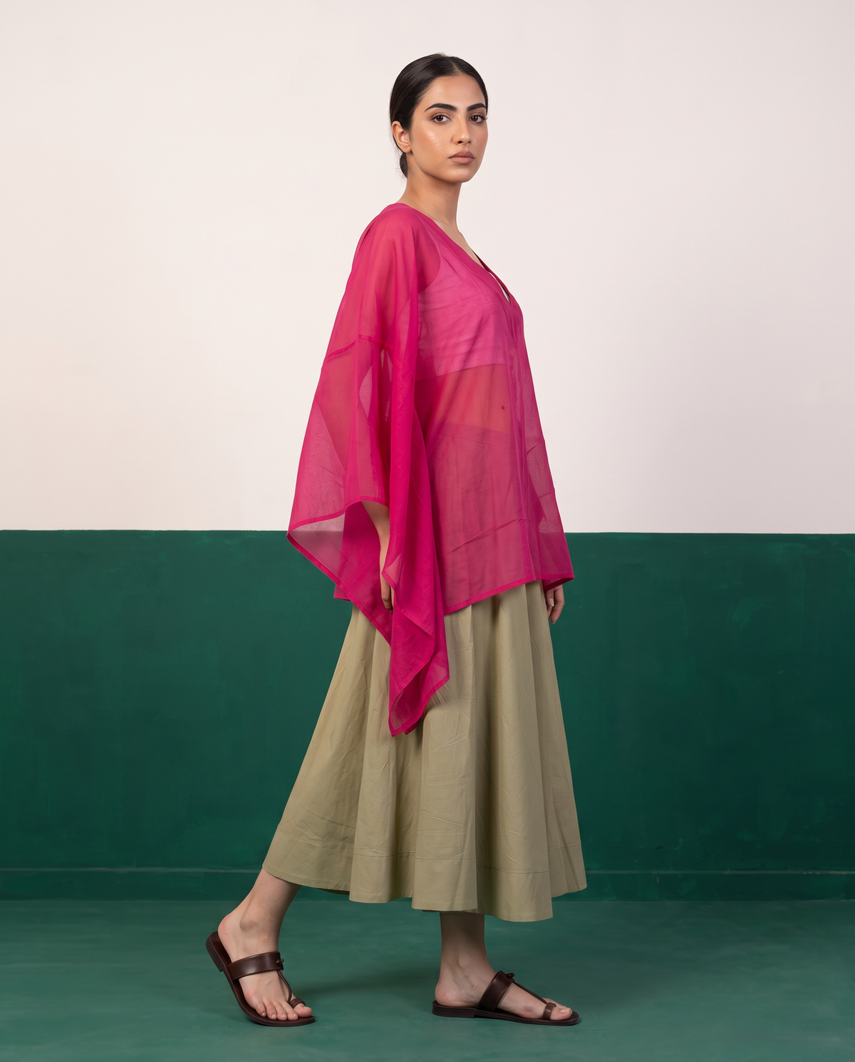 Sheer Magenta Kaftan Top & Khaki Flared Midi Skirt Set