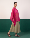 Sheer Magenta Kaftan Top & Khaki Flared Midi Skirt Set