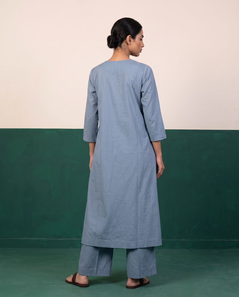 Slate Blue Pleated Kurta & Pants Set