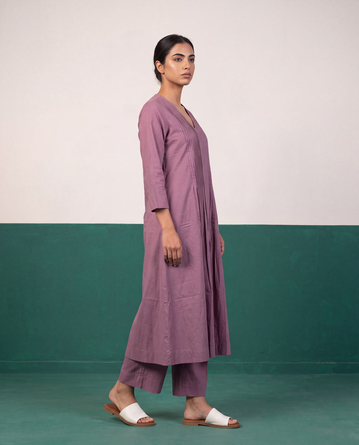 Mauve Pleated Pure Cotton Kurta Set