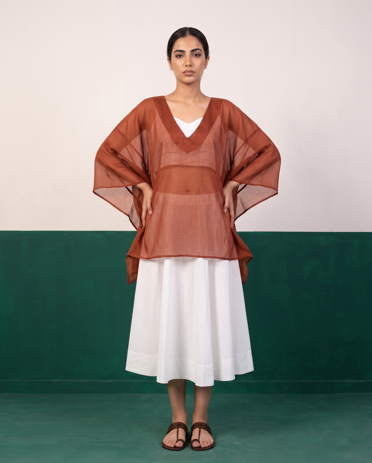 Sheer Rust Kaftan Top & White Flared Midi Skirt Set