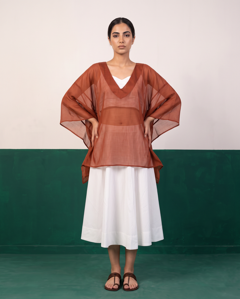 Sheer Rust Kaftan Top & White Flared Midi Skirt Set